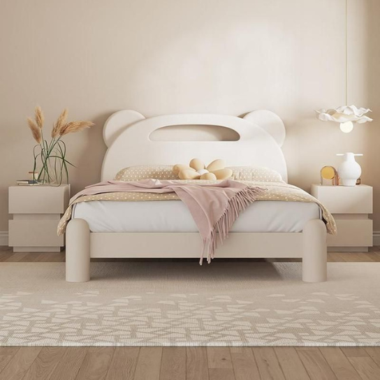 Rustic Mango Minimalism Bear Theme White Kids Bed Solid Wood Low Bottom Clearance