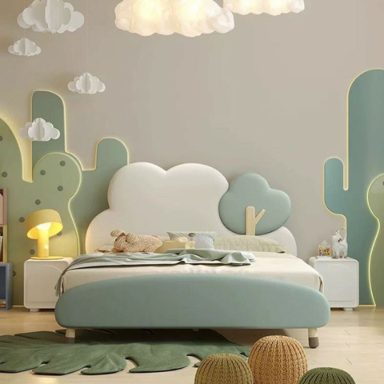 Rustic Mango Modish Green Solid Wood & Faux Leather Panel Standard Children Bed with Headboard, Gender Neutral, Kids Bed