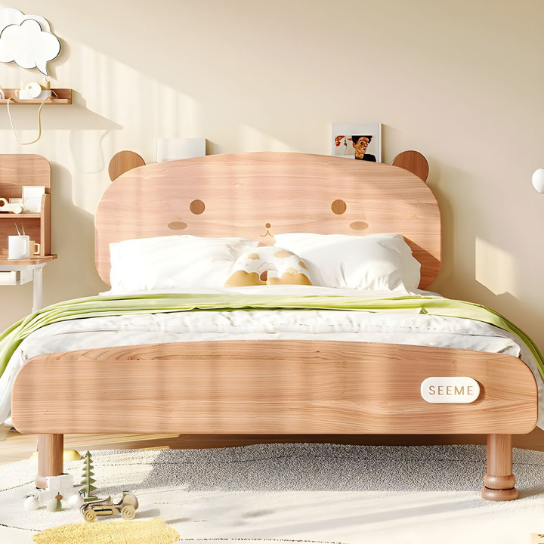 Rustic Mango Bear Shape Headboard Modern Kid Bed Natural Low Bed Bottom Clearance without  Mattress - Kids Bed