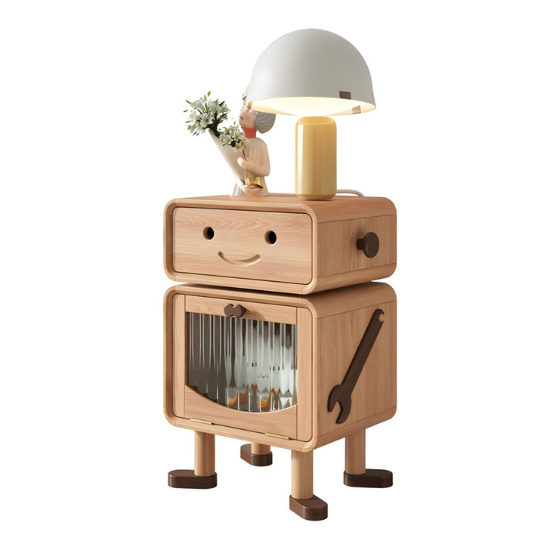 Rustic Mango Glass Storage Cabinet Included Children's Bedside Table Robot Theme in Natural thumbnail 2