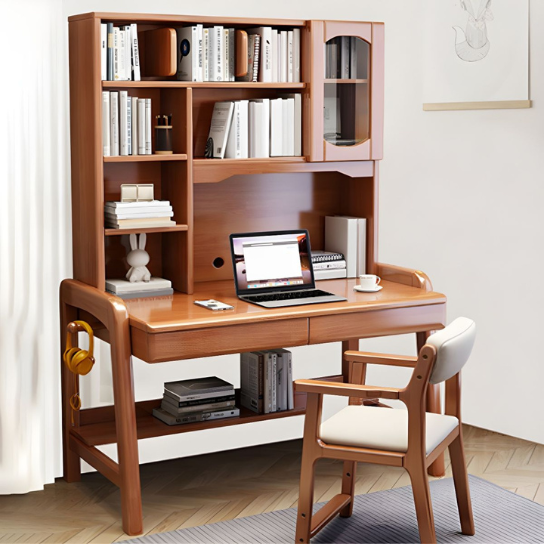 Rustic Mango Solid Wood Writing Desk with 2 Drawers and 1 Door Adjustable Desk