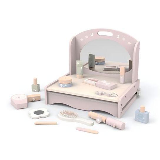 Rustic Mango Pink Wood Makeup Vanity & Toy with Mirror, Storage, and No-Drawers Design thumbnail 2