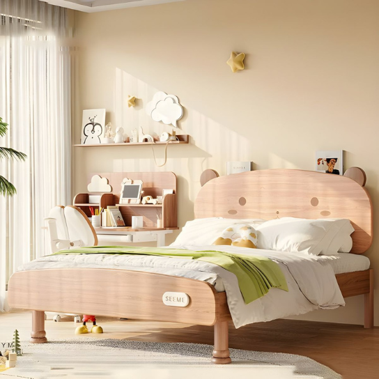 Rustic Mango Bear Shape Headboard Modern Kid Bed Natural Low Bed Bottom Clearance without  Mattress - Kids Bed thumbnail 2