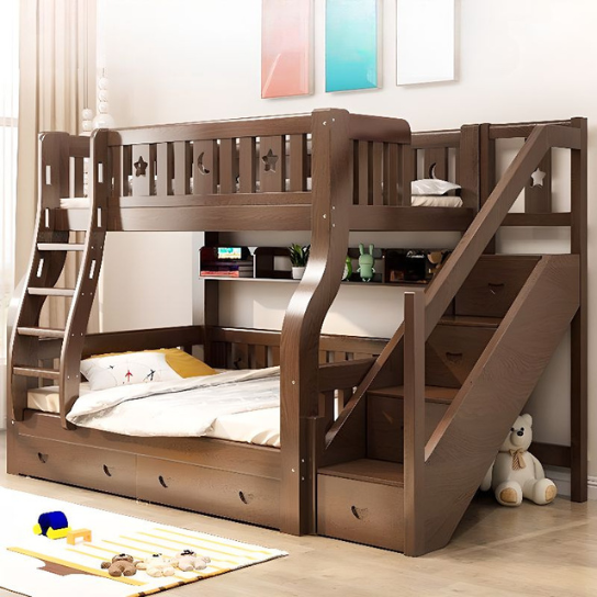 Rustic Mango Gender Neutral Old School Brown Natural Wood Panel Bunk Children's Bed with Underbed Storage, Standard Bunk, Bunk Bed & Bookshelf & Drawer & Ladder thumbnail 3