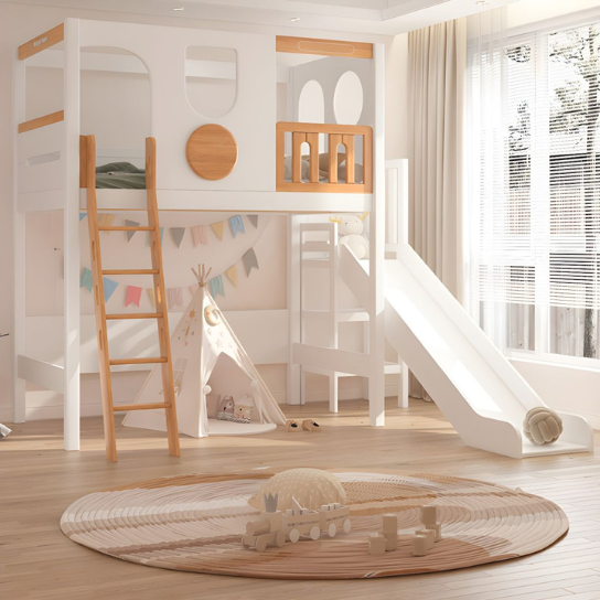 Rustic Mango Solid Wooden Modern Style Loft Bed In Cream And Natural Teak Finish thumbnail 2