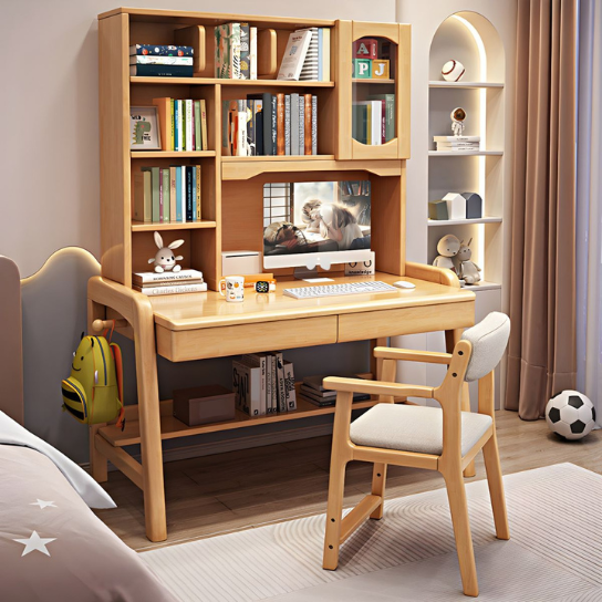 Rustic Mango Solid Wood Writing Desk with 2 Drawers and 1 Door Adjustable Desk thumbnail 2