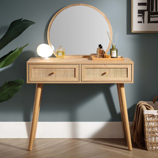 Rustic Mango Woven Rattan Vanity Table with Mirror, Natural thumbnail 2