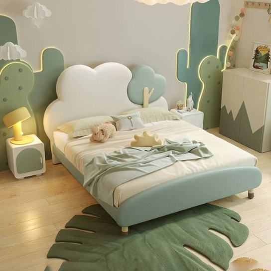 Rustic Mango Modish Green Solid Wood & Faux Leather Panel Standard Children Bed with Headboard, Gender Neutral, Kids Bed thumbnail 3