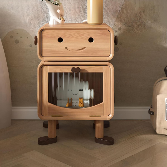 Rustic Mango Glass Storage Cabinet Included Children's Bedside Table Robot Theme in Natural thumbnail 3