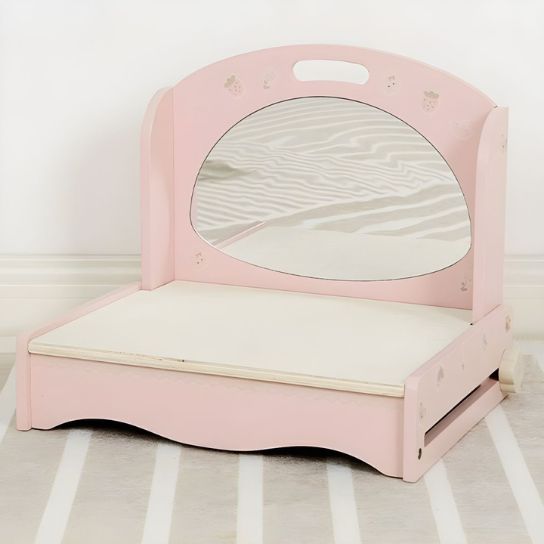 Rustic Mango Pink Wood Makeup Vanity & Toy with Mirror, Storage, and No-Drawers Design thumbnail 3