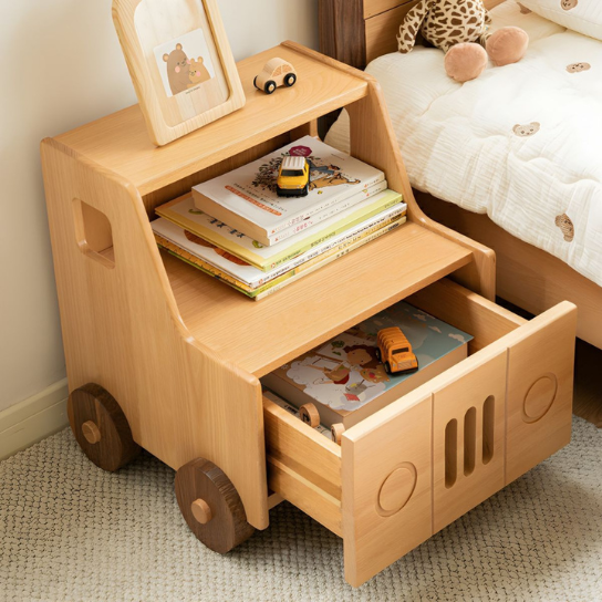 Rustic Mango Car Theme Natural Bedside Table Solid Wood Drawers Included for Children thumbnail 3