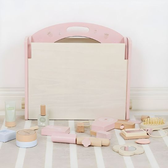 Rustic Mango Pink Wood Makeup Vanity & Toy with Mirror, Storage, and No-Drawers Design thumbnail 4