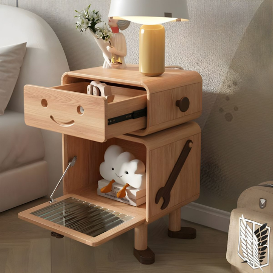 Rustic Mango Glass Storage Cabinet Included Children's Bedside Table Robot Theme in Natural thumbnail 5