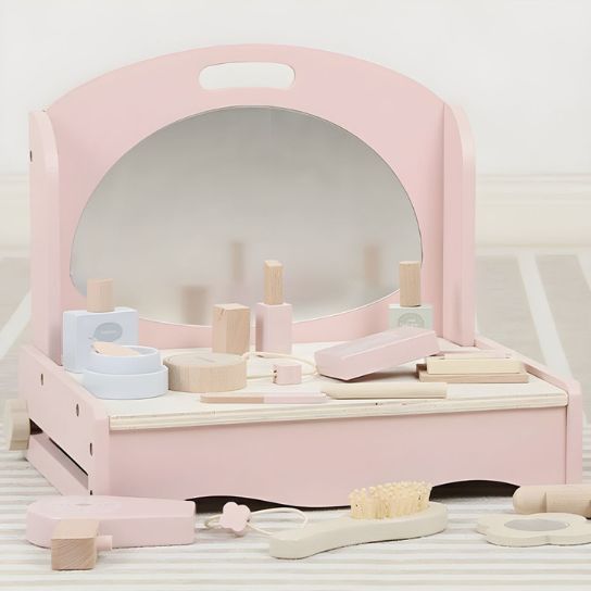 Rustic Mango Pink Wood Makeup Vanity & Toy with Mirror, Storage, and No-Drawers Design thumbnail 5