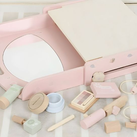 Rustic Mango Pink Wood Makeup Vanity & Toy with Mirror, Storage, and No-Drawers Design thumbnail 6