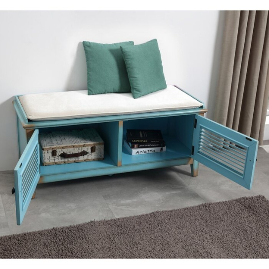Rustic Mango Street Modern Bench In Mango Wood ( Distress blue + Brown Shade ) thumbnail 2