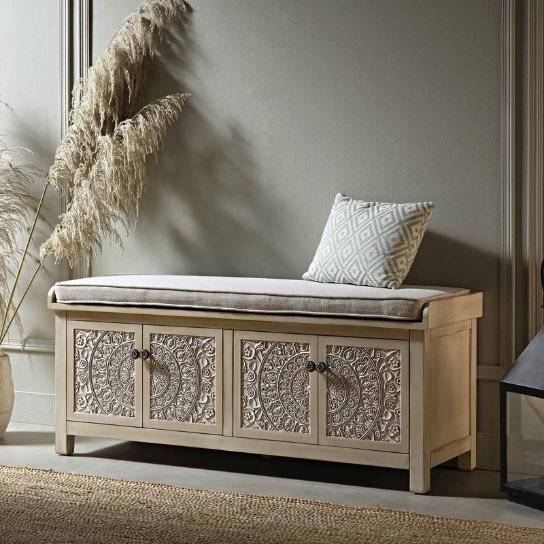 Rustic Mango Indian Style Carving Wooden Bench In Natural White Finish thumbnail 2