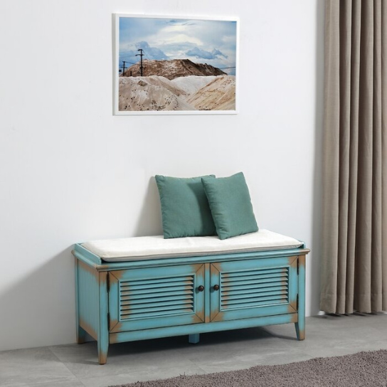 Rustic Mango Street Modern Bench In Mango Wood ( Distress blue + Brown Shade ) thumbnail 3