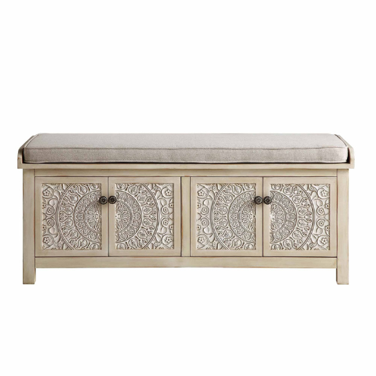 Rustic Mango Indian Style Carving Wooden Bench In Natural White Finish thumbnail 4