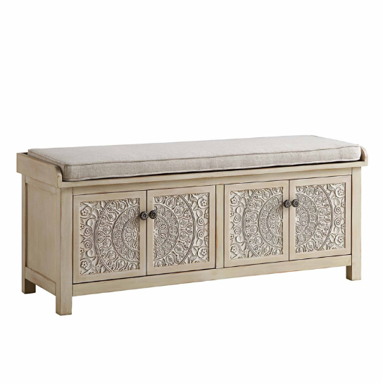 Rustic Mango Indian Style Carving Wooden Bench In Natural White Finish thumbnail 5