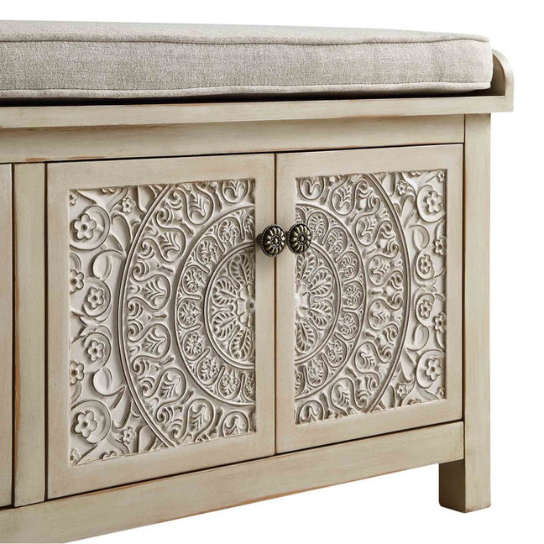 Rustic Mango Indian Style Carving Wooden Bench In Natural White Finish thumbnail 6
