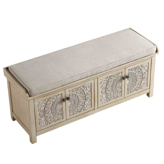 Rustic Mango Indian Style Carving Wooden Bench In Natural White Finish thumbnail 7