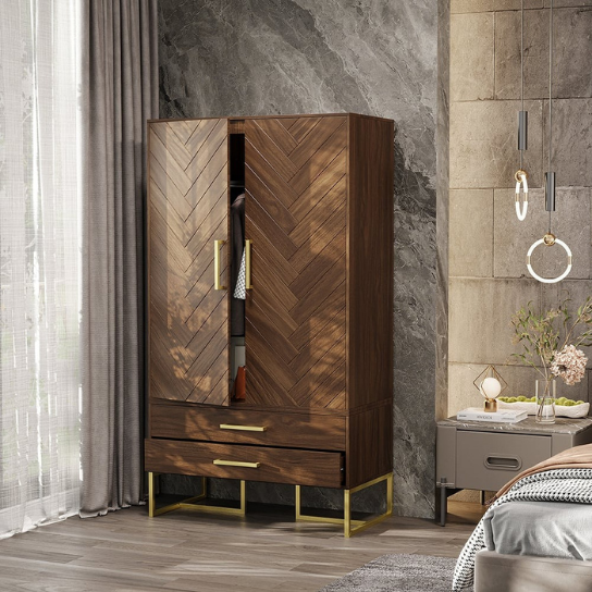 Rustic Mango Modern Exotic Premium Wooden Wardrobe In Honey Finish With Golden Handles thumbnail 7