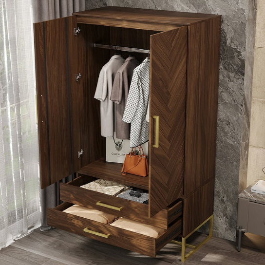 Rustic Mango Modern Exotic Premium Wooden Wardrobe In Honey Finish With Golden Handles thumbnail 8