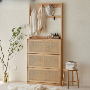 Rustic Mango Solid Wooden Shoe Rack  with Cane Finish