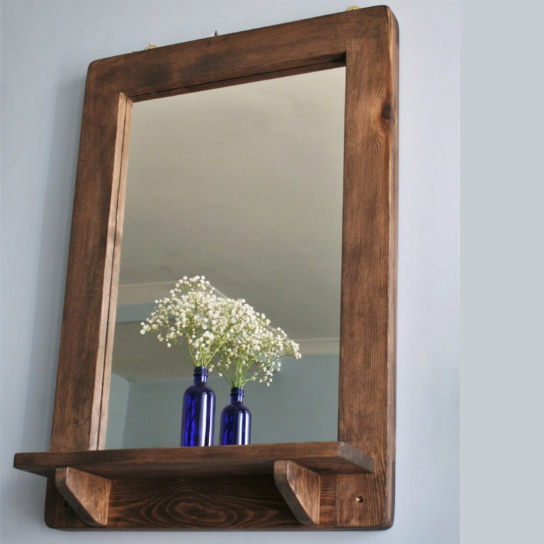 Rustic Mango Solid Wooden Vintage Mirror With Wooden Shelf thumbnail 2