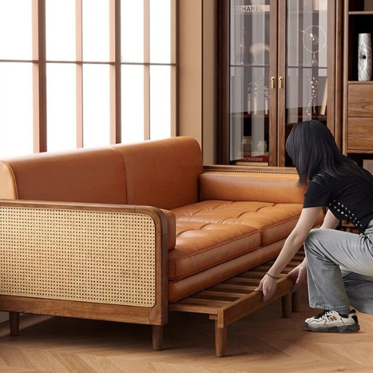 Rustic Mango Solid Wooden Sofa Cum Bed In Honey Finish With Cane thumbnail 3