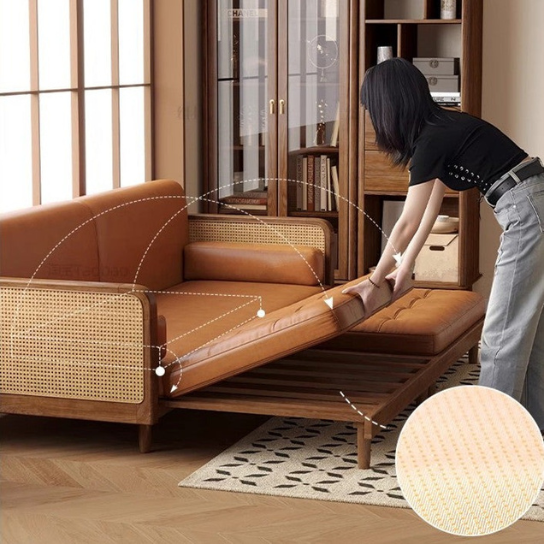 Rustic Mango Solid Wooden Sofa Cum Bed In Honey Finish With Cane thumbnail 4