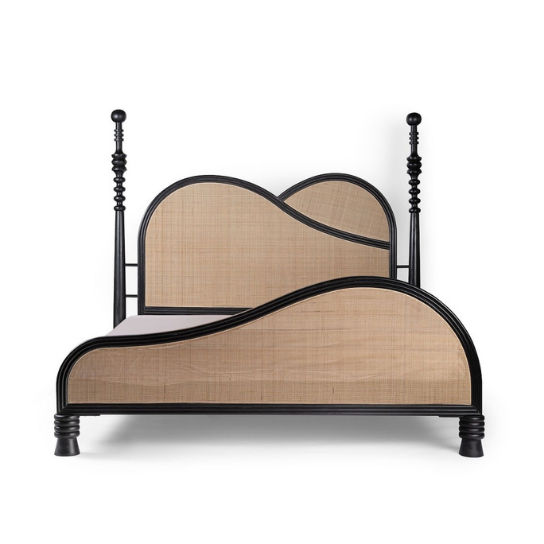 Rustic Mango Solid Wooden Modern Traditional Bed In Black Finish With Cane thumbnail 2