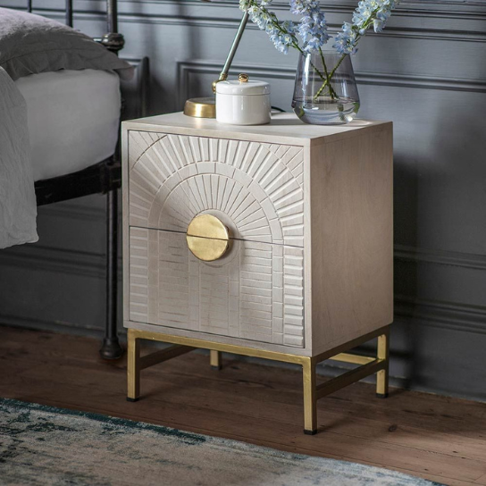 Rustic Mango Solid Wooden Bedside In Distress White Finish With Golden Finish thumbnail 2