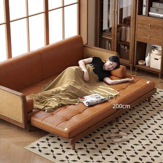 Rustic Mango Solid Wooden Sofa Cum Bed In Honey Finish With Cane thumbnail 5
