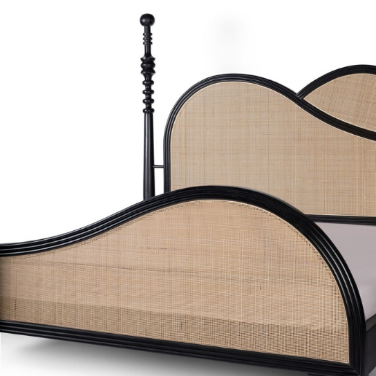 Rustic Mango Solid Wooden Modern Traditional Bed In Black Finish With Cane thumbnail 4