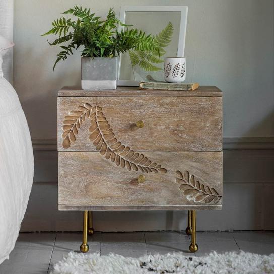 Rustic Mango Solid Wooden Carving Design Bedside In Natural Finish With Golden Legs
