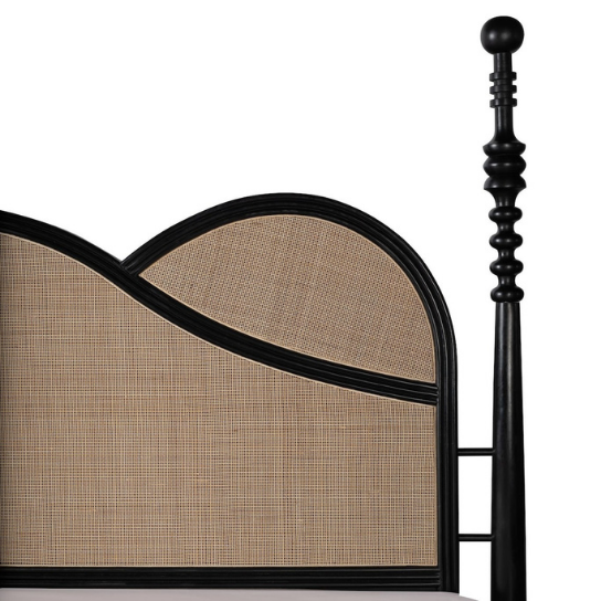 Rustic Mango Solid Wooden Modern Traditional Bed In Black Finish With Cane thumbnail 5