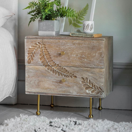 Rustic Mango Solid Wooden Carving Design Bedside In Natural Finish With Golden Legs thumbnail 2