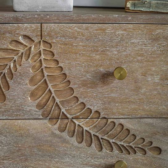 Rustic Mango Solid Wooden Carving Design Bedside In Natural Finish With Golden Legs thumbnail 3