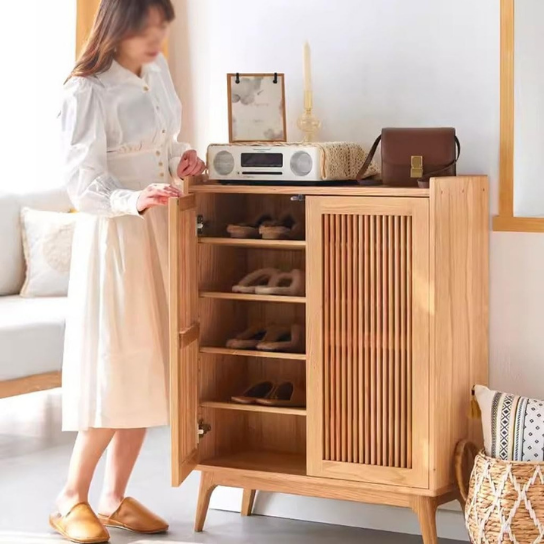 Rustic Mango Solid Wooden  Shoe Rack In Wings With Modern  Style In Natural Finish thumbnail 3