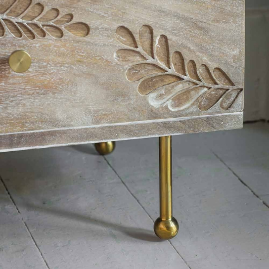 Rustic Mango Solid Wooden Carving Design Bedside In Natural Finish With Golden Legs thumbnail 4