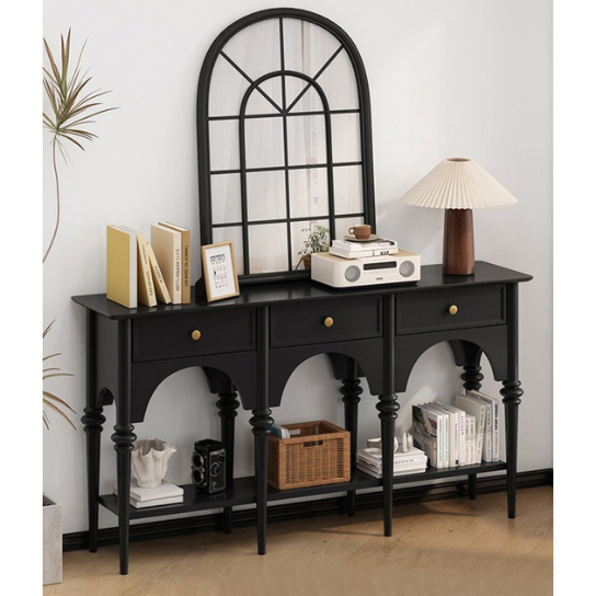 Rustic Mango Solid Wooden Vintage Console Table In Black Finish With 3 Drawers thumbnail 2