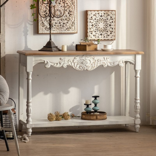 Rustic Mango Indian Console Table with Natural Top With White Finish thumbnail 2