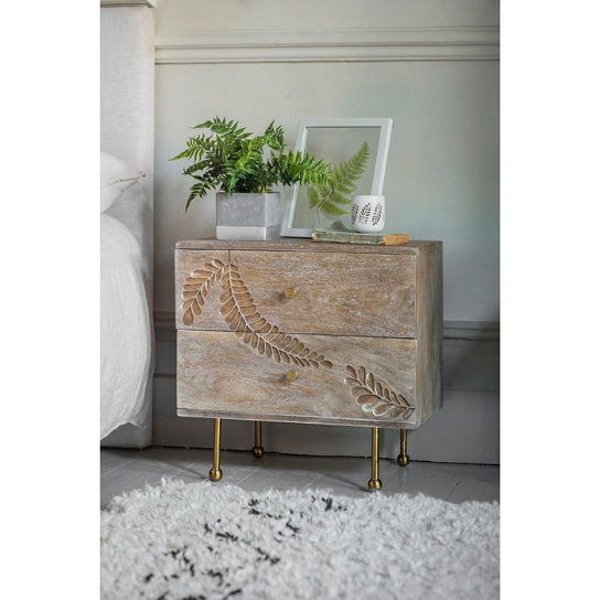 Rustic Mango Solid Wooden Carving Design Bedside In Natural Finish With Golden Legs thumbnail 5