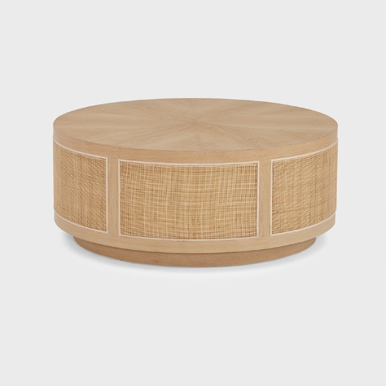 Rustic Mango Round Shape Solid Mango Wood Coffee Table with Cane Natural Finish thumbnail 2