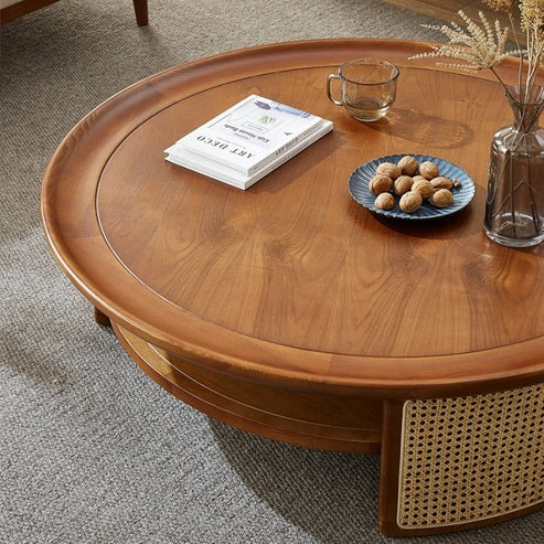 Rustic Mango Modern Round Shape Coffee table with Cane honey Finish thumbnail 2