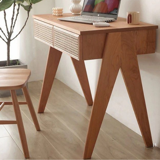 Rustic Mango Solid Wooden Study Table In Cane With Natural Finish thumbnail 2