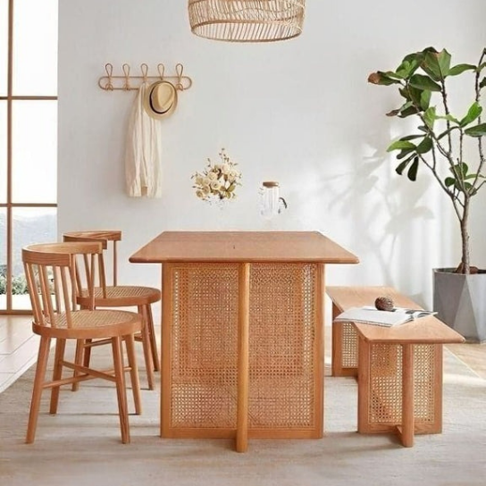 Rustic Mango Solid Wooden Dining Table With Cane in Natural Finish thumbnail 3