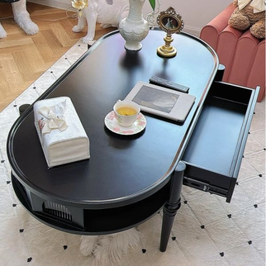Rustic Mango Oval Shape Black Finish Modern Coffee Table for Living Room thumbnail 3